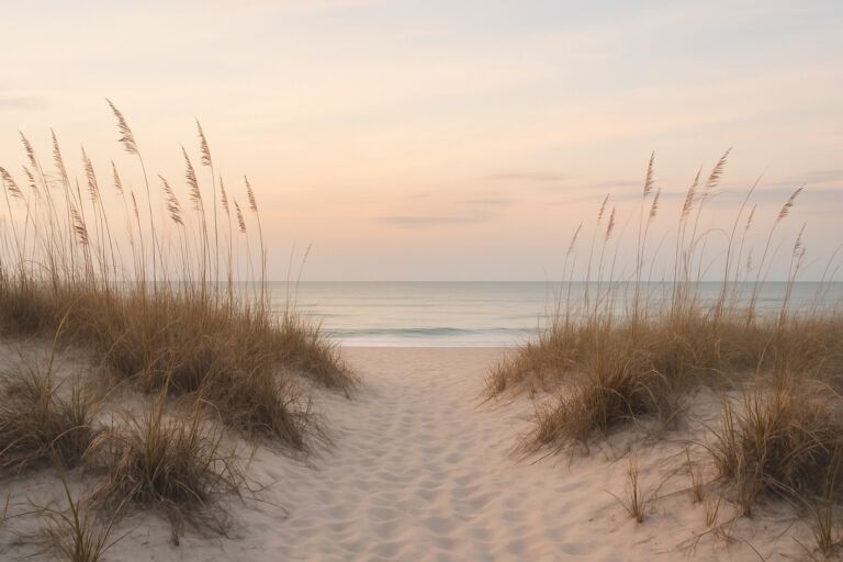 A sandy path through sea oats leading to the ocean at sunrise