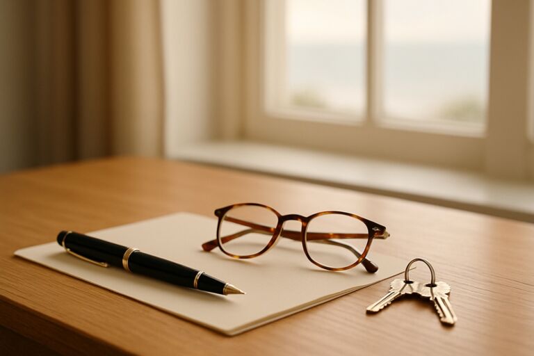 A pen, reading glasses and house keys on a desk in soft coastal light