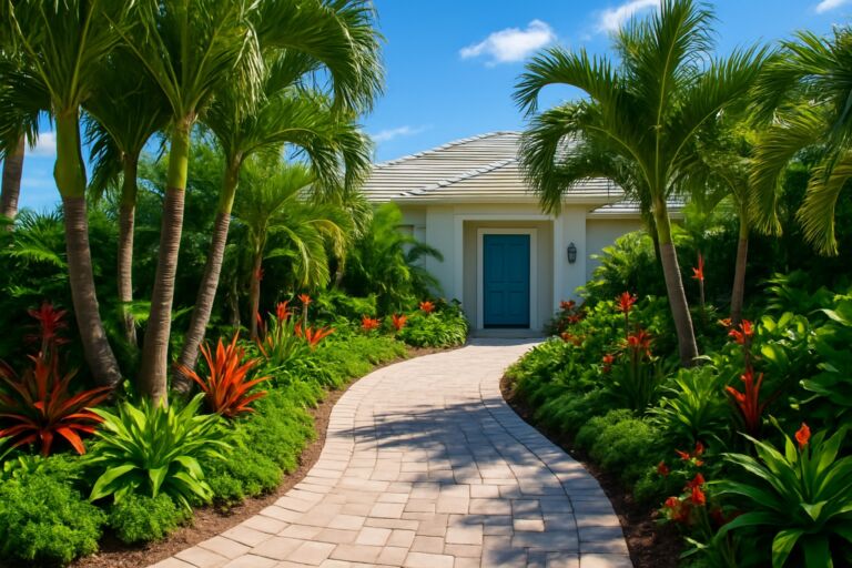 A paver garden path leading to a coastal home with lush tropical landscaping