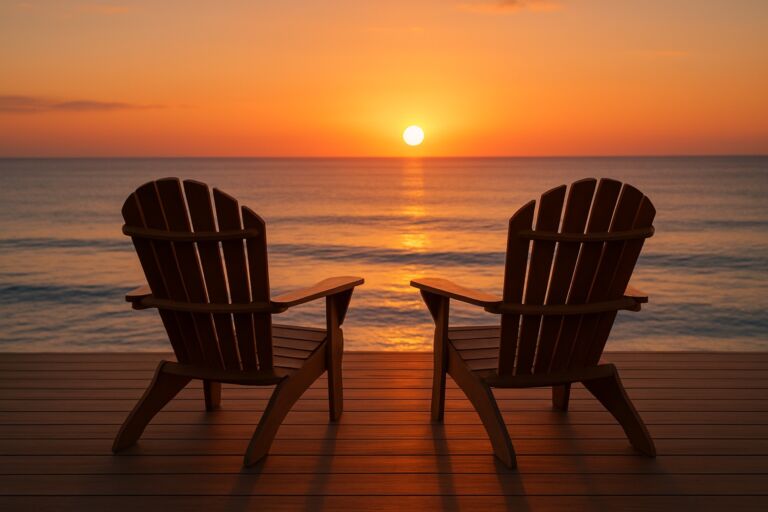 Two Adirondack chairs facing the calm ocean on a wooden deck at sunset