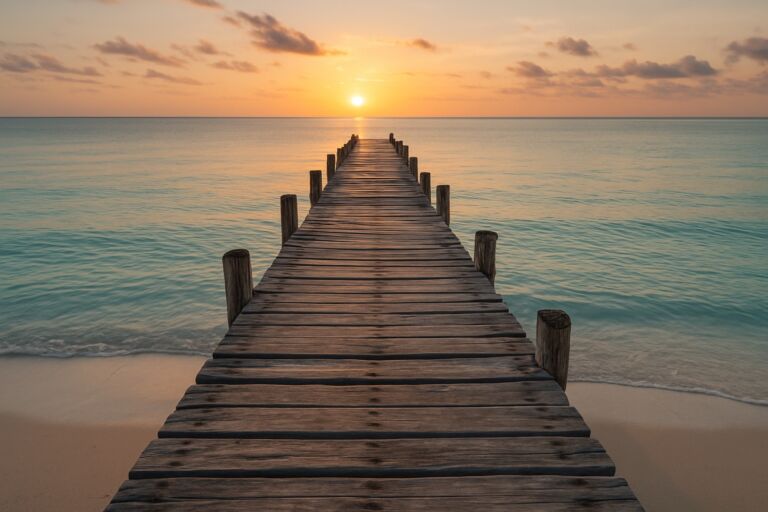 A weathered wooden fishing pier extending into calm turquoise water at sunrise