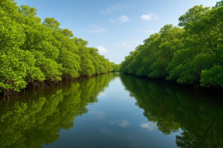 Green mangroves along a calm South Florida waterway with soft reflections