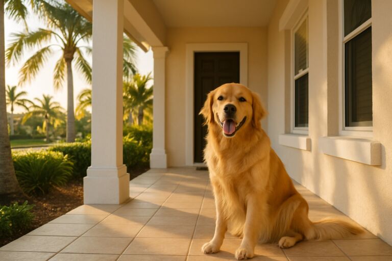 A happy golden retriever sitting on a sunny South Florida front porch
